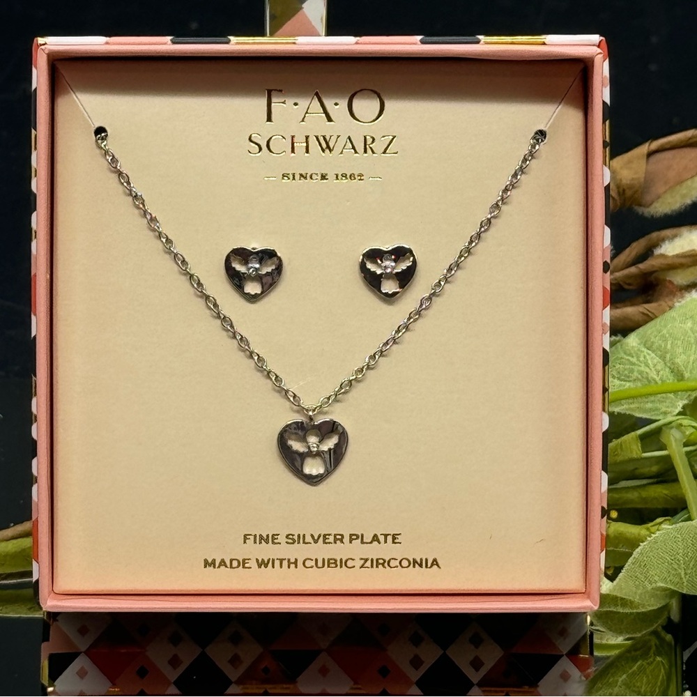 FAO Schwarz Fine Silver Plate Angel Earring Necklace Set